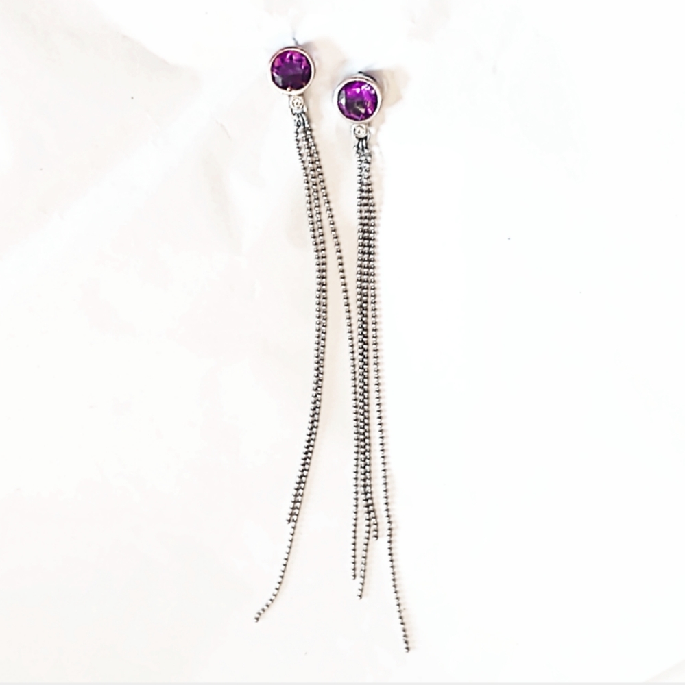 Vintage Amethyst Sterling Silver 5" Long Dangle Tassel Earrings